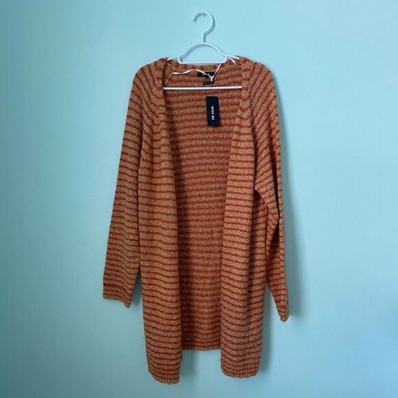 NWT Women’s Miss Me Coral Yellow Striped Fuzzy Knit Cardigan - Picture 1 of 3
